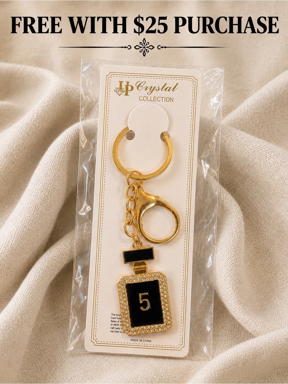 Gold Perfume Bottle No. 5 Rhinestone Keychain Bag Charm Black Gold Gift